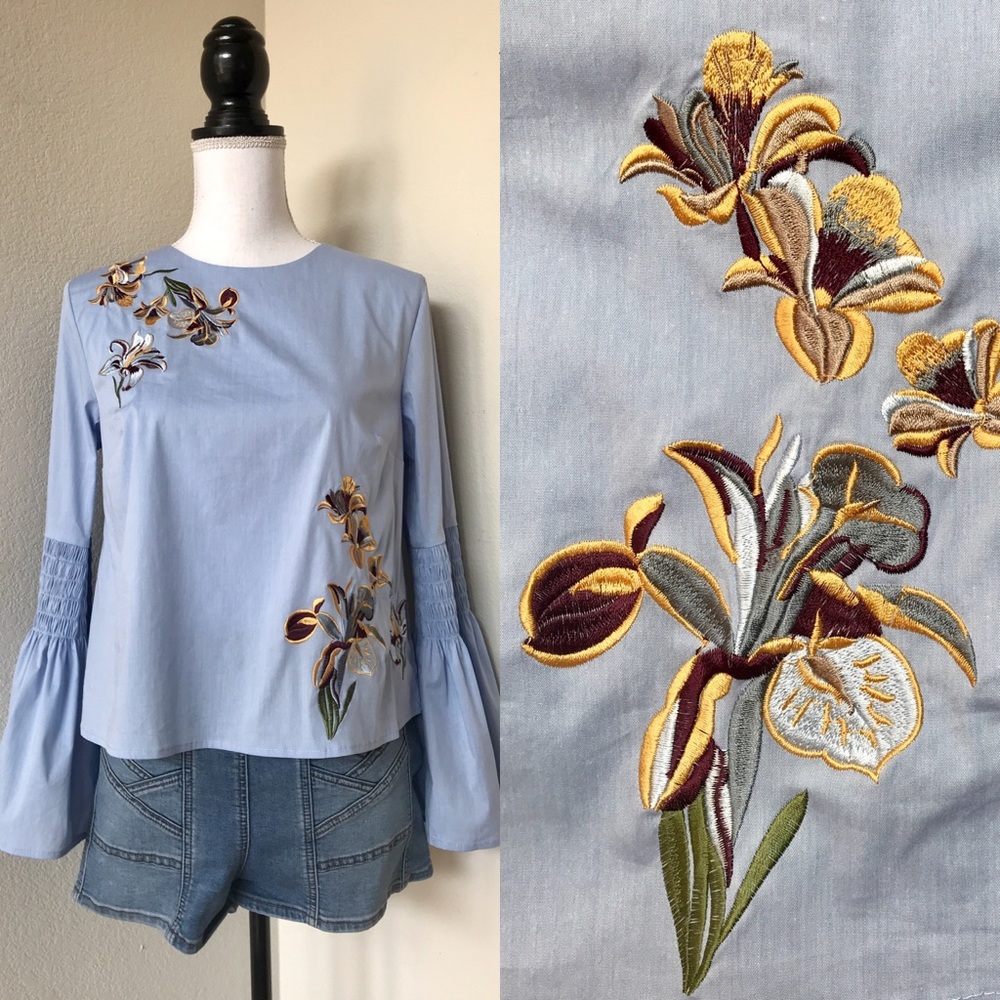 DONATING Last Chance! Catherine Malandrino Blue Reed Bell-Sleeve Top Med - Picture 7 of 8